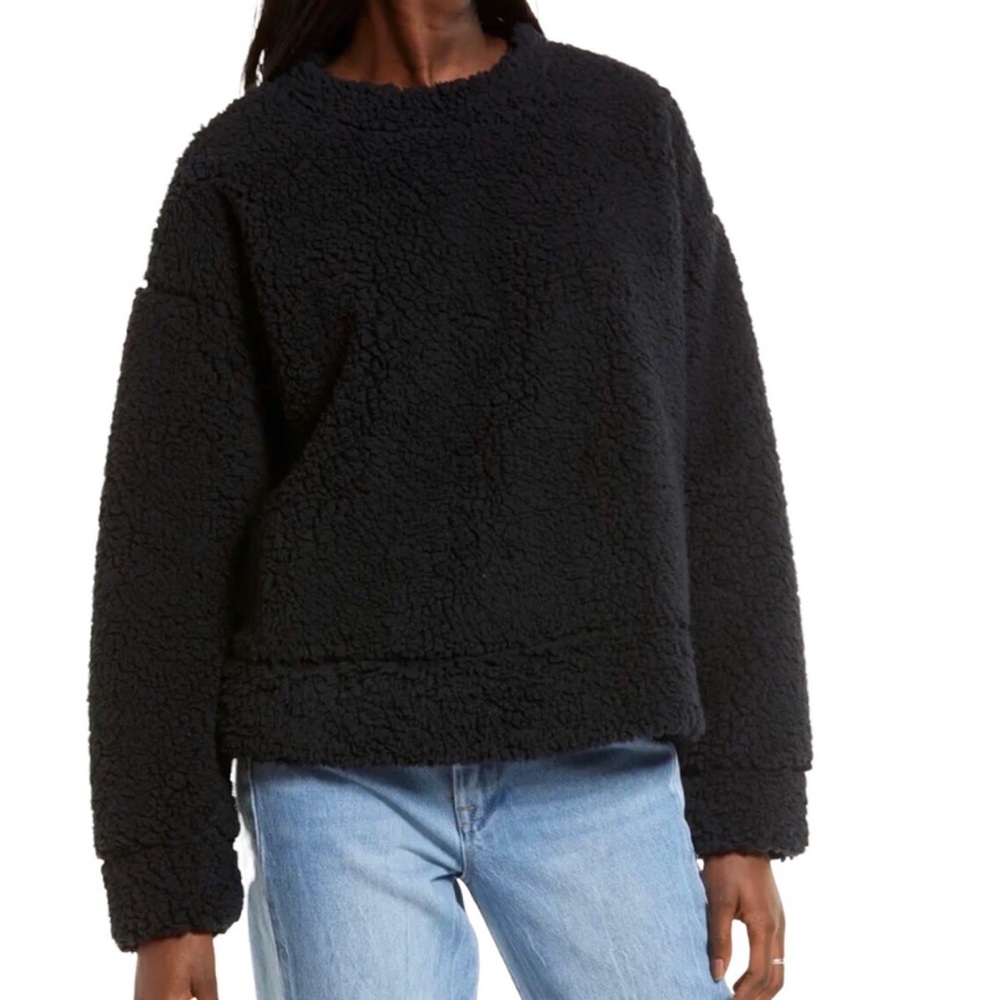 NWOT Thread & Supply Crewneck Pullover Sherpa Fleece Sweater Black Cozy size L